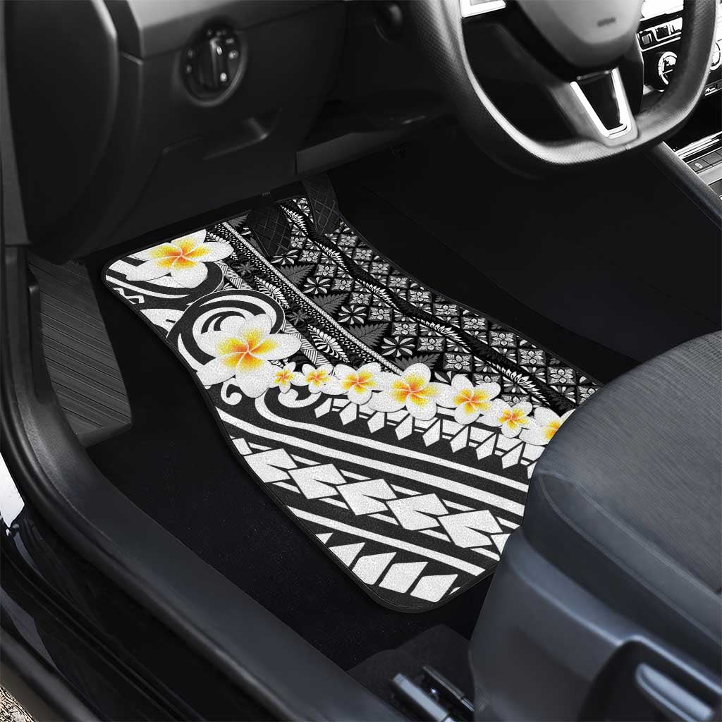 Black Vintage Tonga Ngatu Pattern With Plumeria Car Mats LT05 - Polynesian Pride