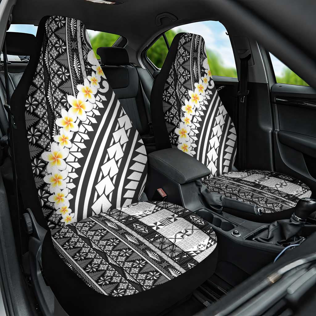 Black Vintage Tonga Ngatu Pattern With Plumeria Car Seat Cover - Polynesian Pride