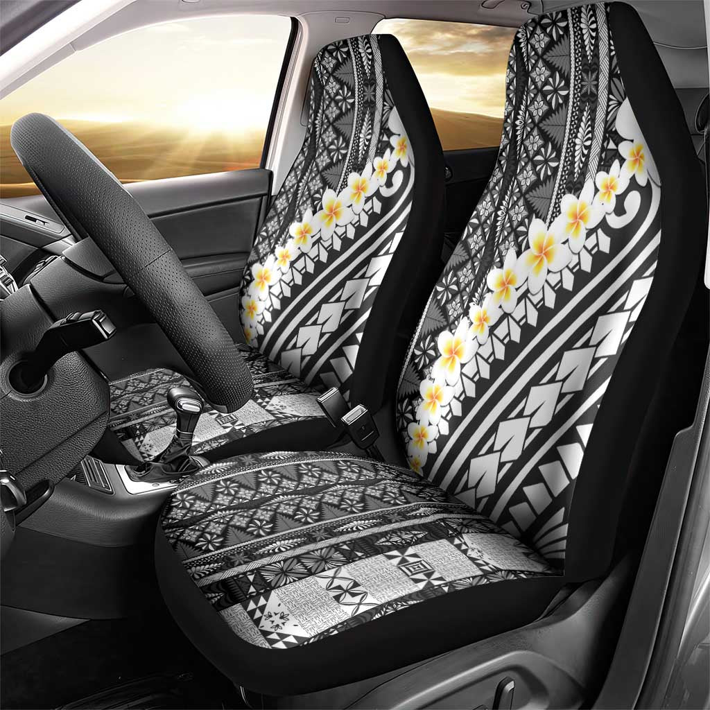 Black Vintage Tonga Ngatu Pattern With Plumeria Car Seat Cover - Polynesian Pride