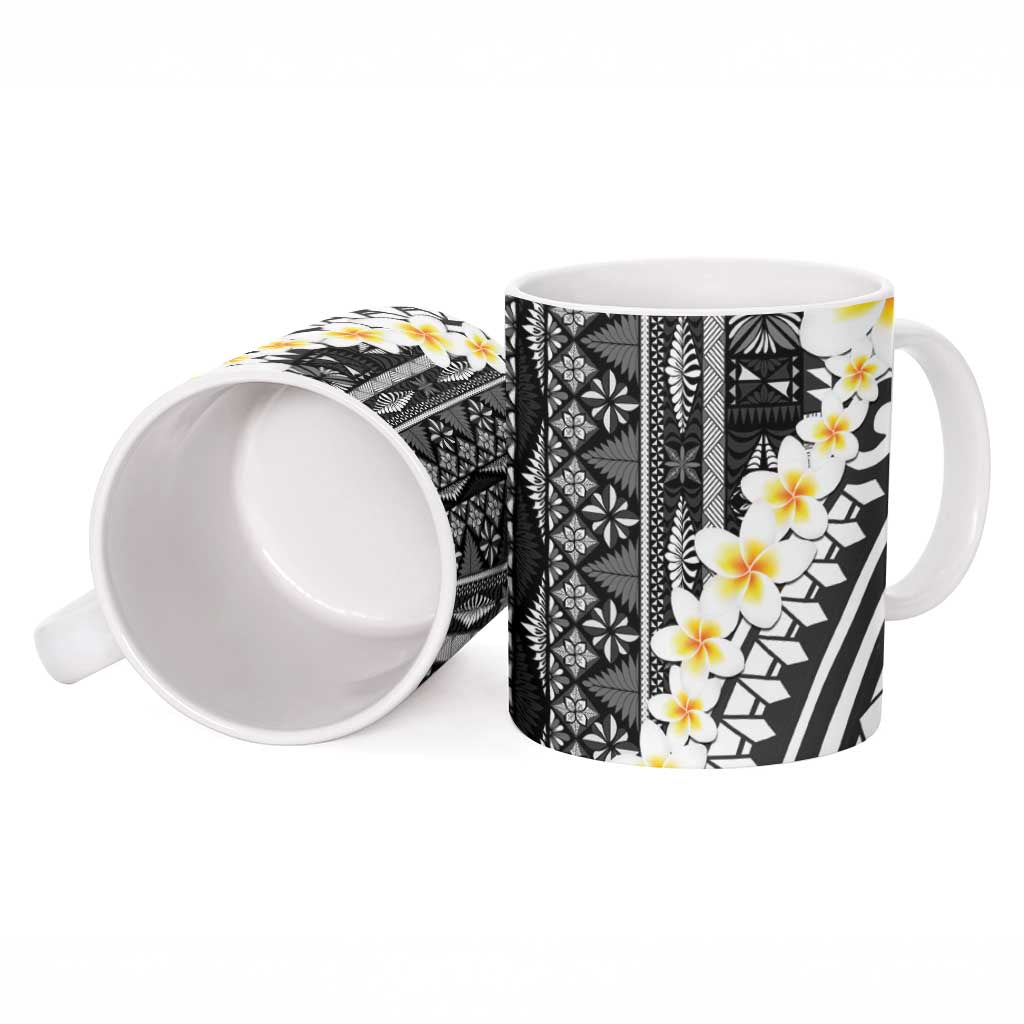 Black Vintage Tonga Ngatu Pattern With Plumeria Ceramic Mug - Polynesian Pride