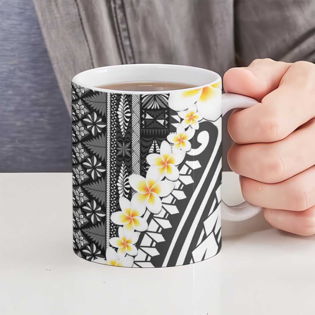 Black Vintage Tonga Ngatu Pattern With Plumeria Ceramic Mug - Polynesian Pride