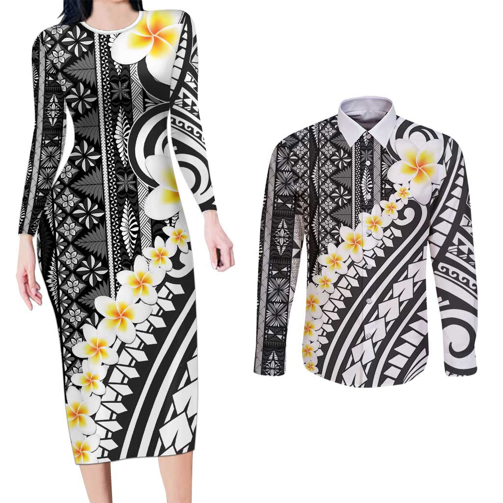 Black Vintage Tonga Ngatu Pattern With Plumeria Couples Matching Long Sleeve Bodycon Dress and Long Sleeve Button Shirt LT05 Black - Polynesian Pride