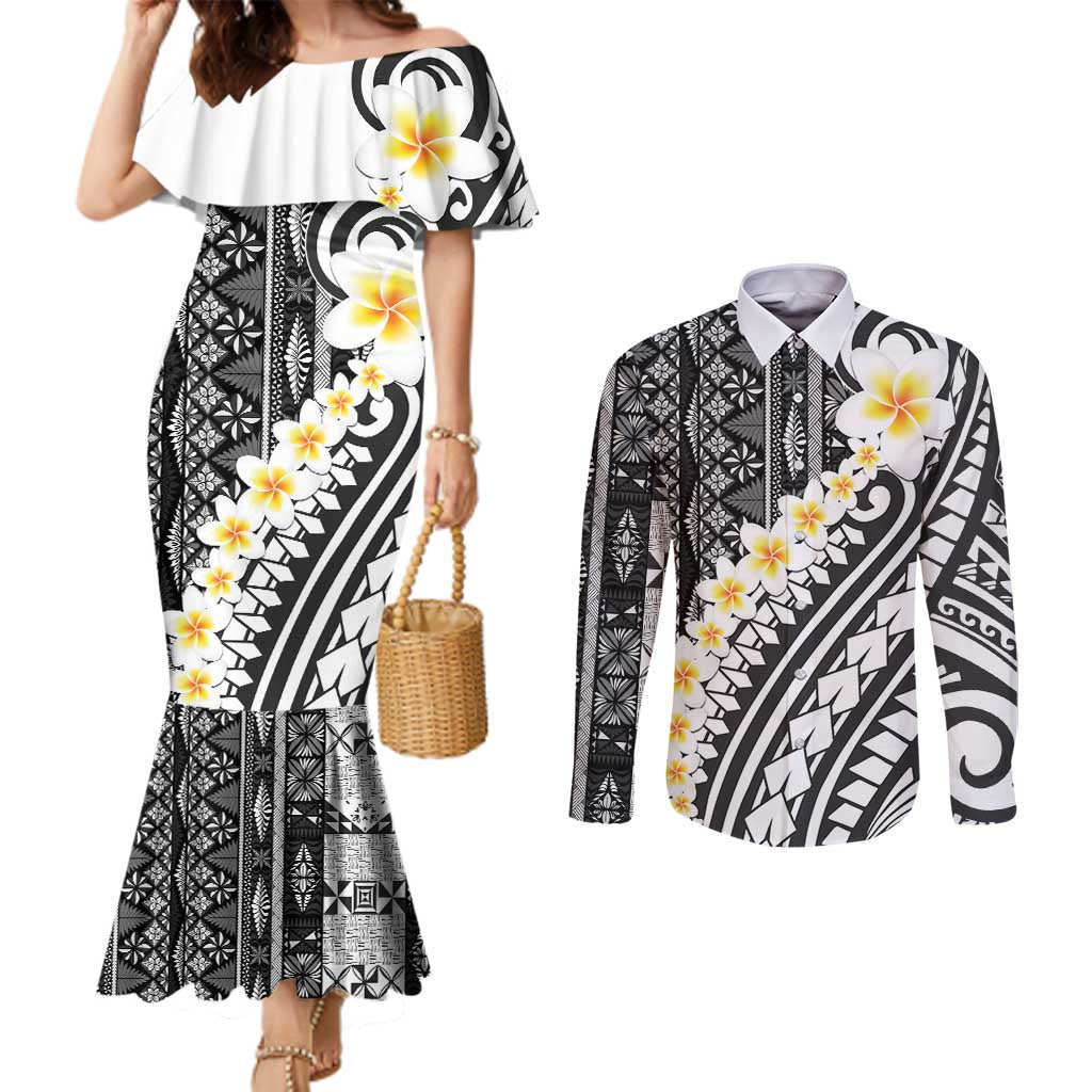 Black Vintage Tonga Ngatu Pattern With Plumeria Couples Matching Mermaid Dress and Long Sleeve Button Shirt LT05 Black - Polynesian Pride