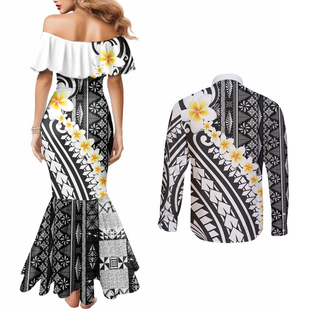 Black Vintage Tonga Ngatu Pattern With Plumeria Couples Matching Mermaid Dress and Long Sleeve Button Shirt LT05 - Polynesian Pride