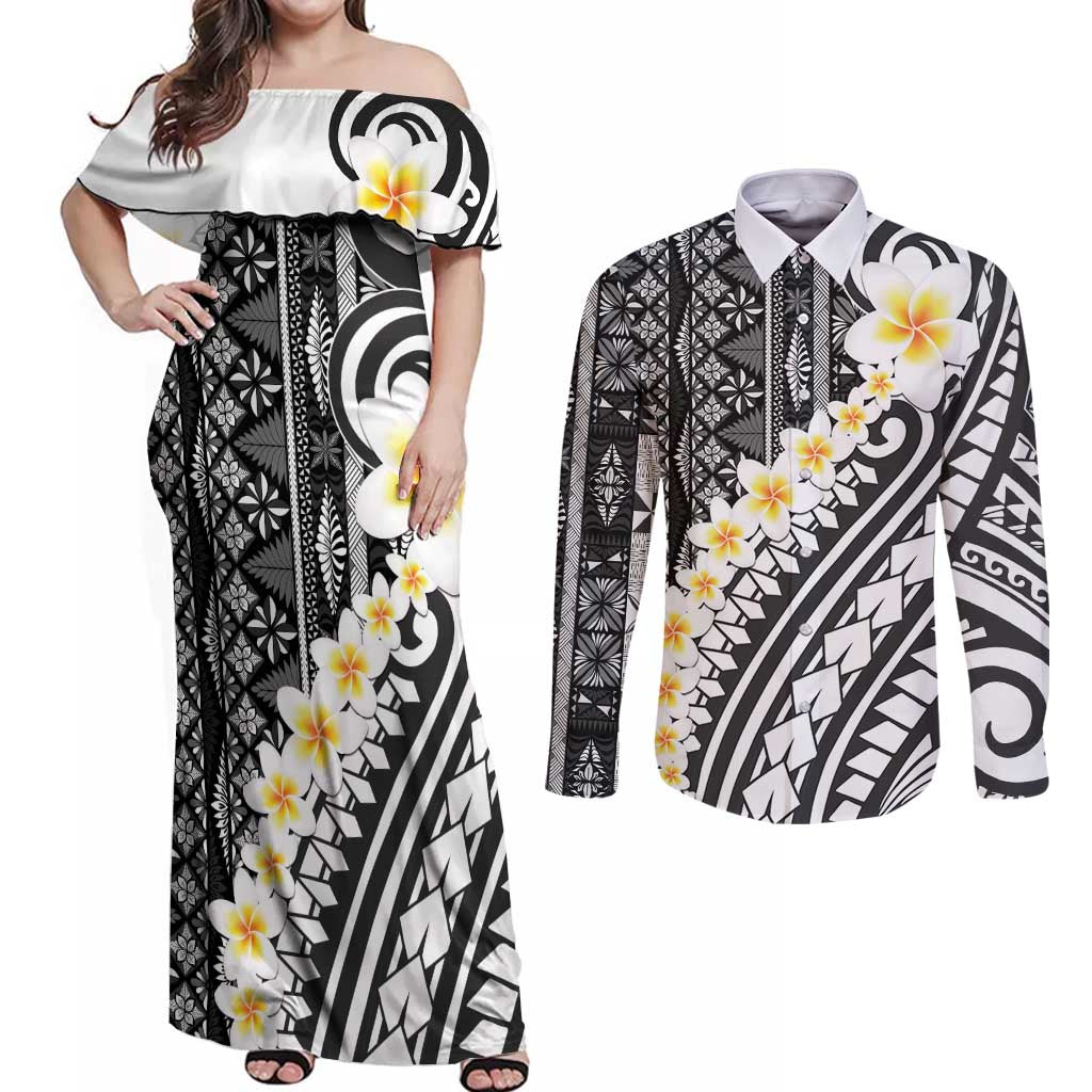 Black Vintage Tonga Ngatu Pattern With Plumeria Couples Matching Off Shoulder Maxi Dress and Long Sleeve Button Shirt - Polynesian Pride