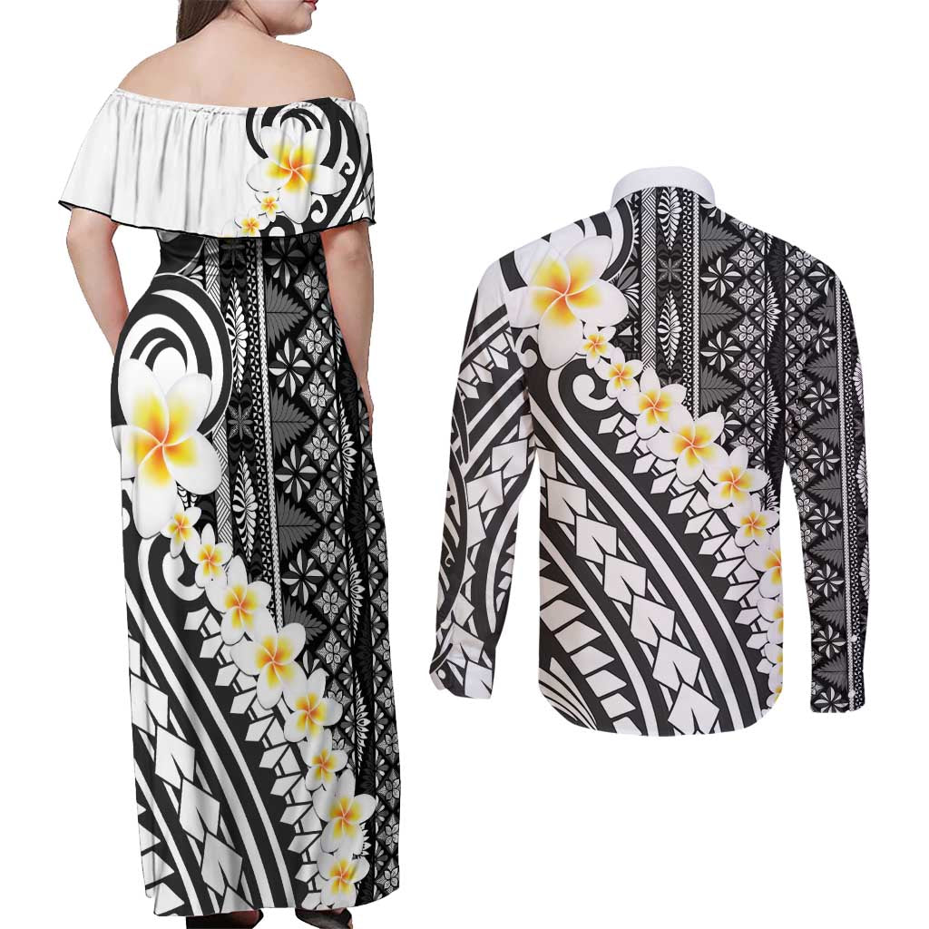 Black Vintage Tonga Ngatu Pattern With Plumeria Couples Matching Off Shoulder Maxi Dress and Long Sleeve Button Shirt - Polynesian Pride