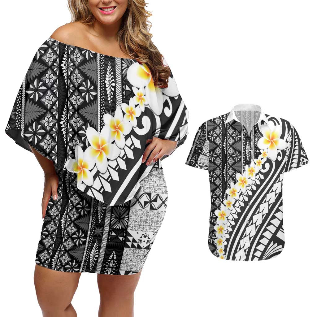 Black Vintage Tonga Ngatu Pattern With Plumeria Couples Matching Off Shoulder Short Dress and Hawaiian Shirt - Polynesian Pride