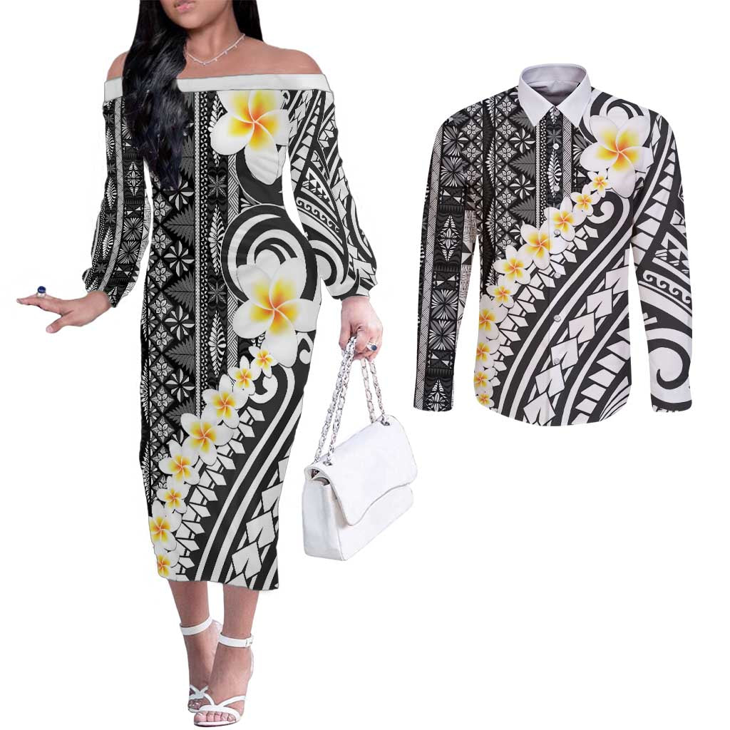 Black Vintage Tonga Ngatu Pattern With Plumeria Couples Matching Off The Shoulder Long Sleeve Dress and Long Sleeve Button Shirt LT05 Black - Polynesian Pride
