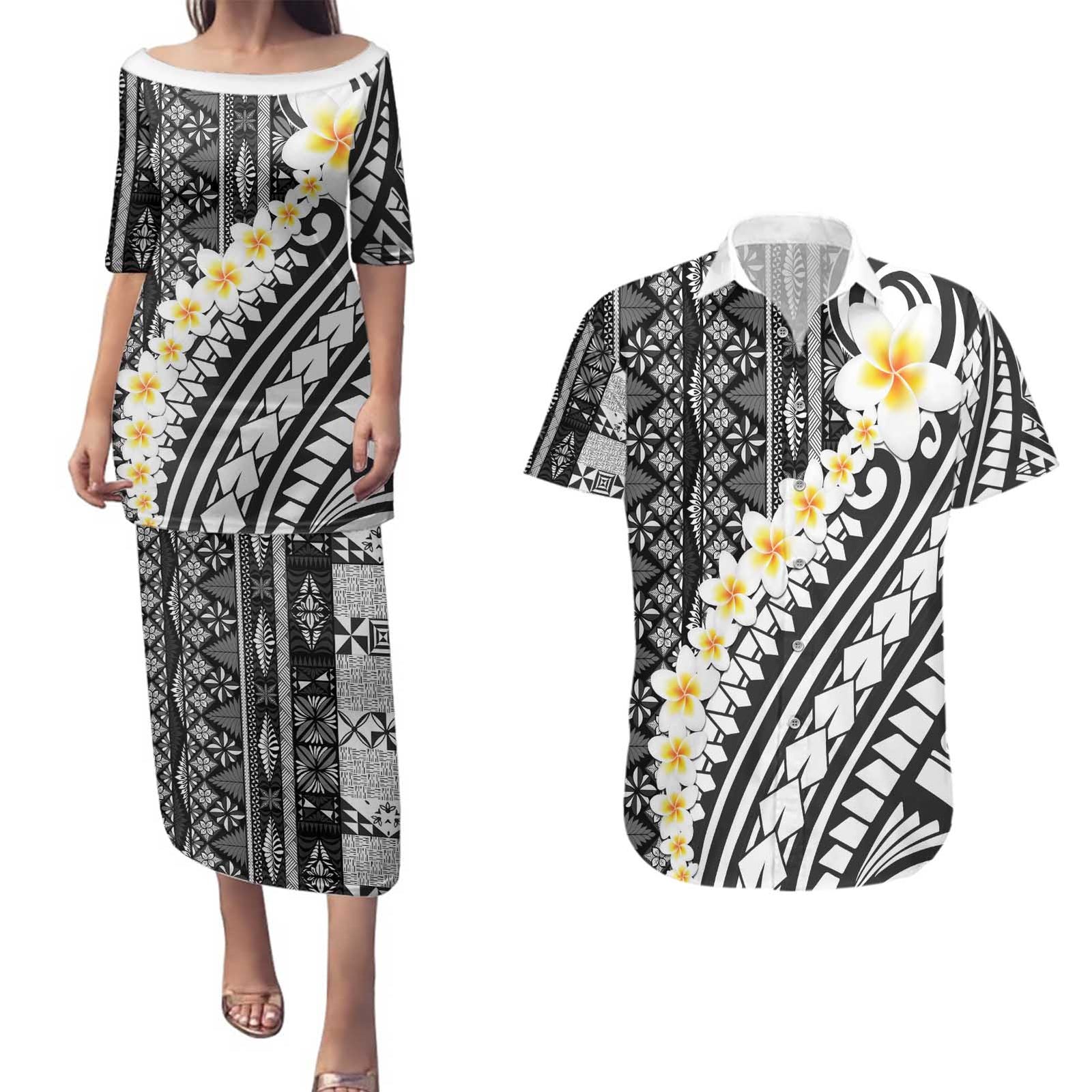 Black Vintage Tonga Ngatu Pattern With Plumeria Couples Matching Puletasi and Hawaiian Shirt LT05 Black - Polynesian Pride