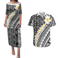 Black Vintage Tonga Ngatu Pattern With Plumeria Couples Matching Puletasi and Hawaiian Shirt LT05 Black - Polynesian Pride