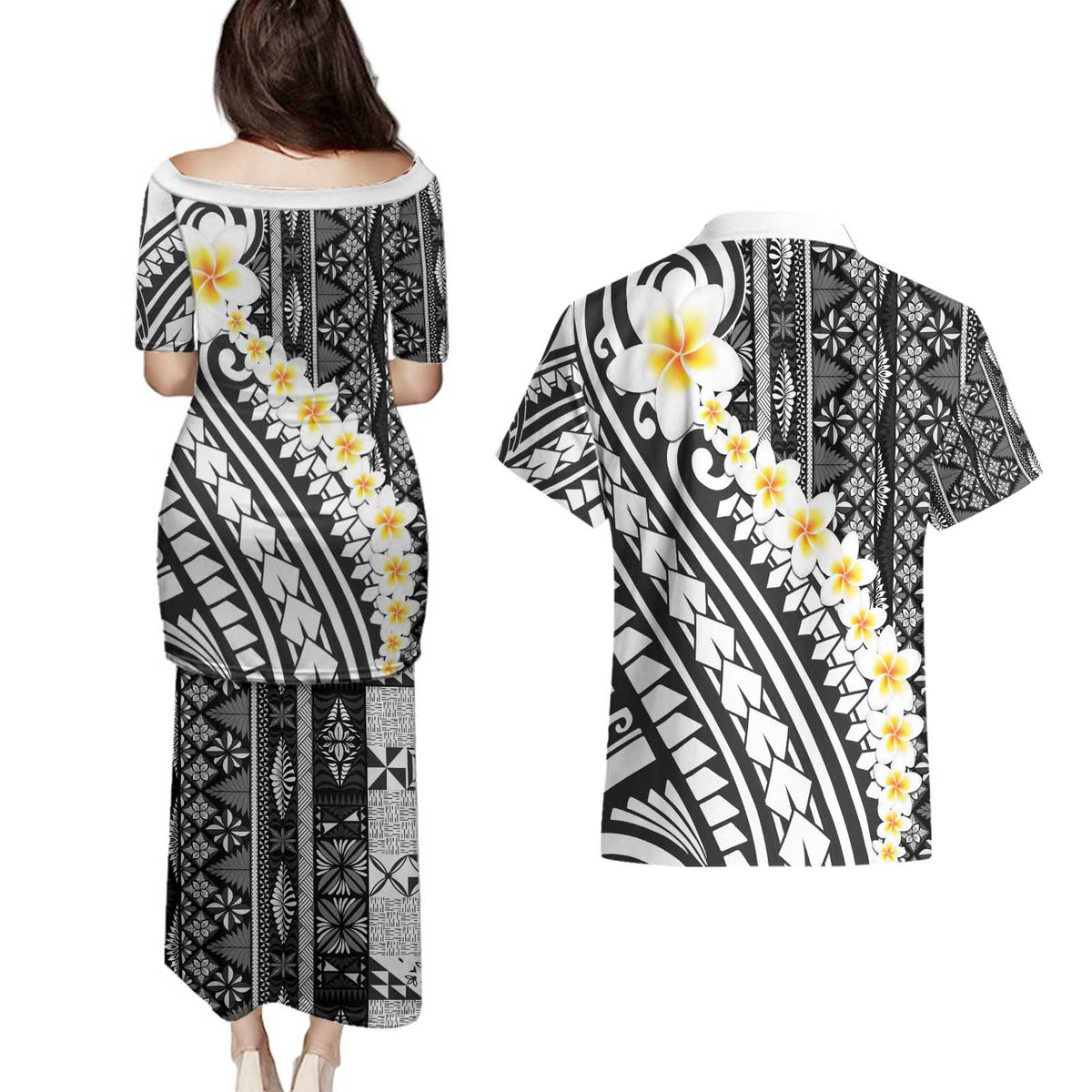 Black Vintage Tonga Ngatu Pattern With Plumeria Couples Matching Puletasi and Hawaiian Shirt LT05 - Polynesian Pride