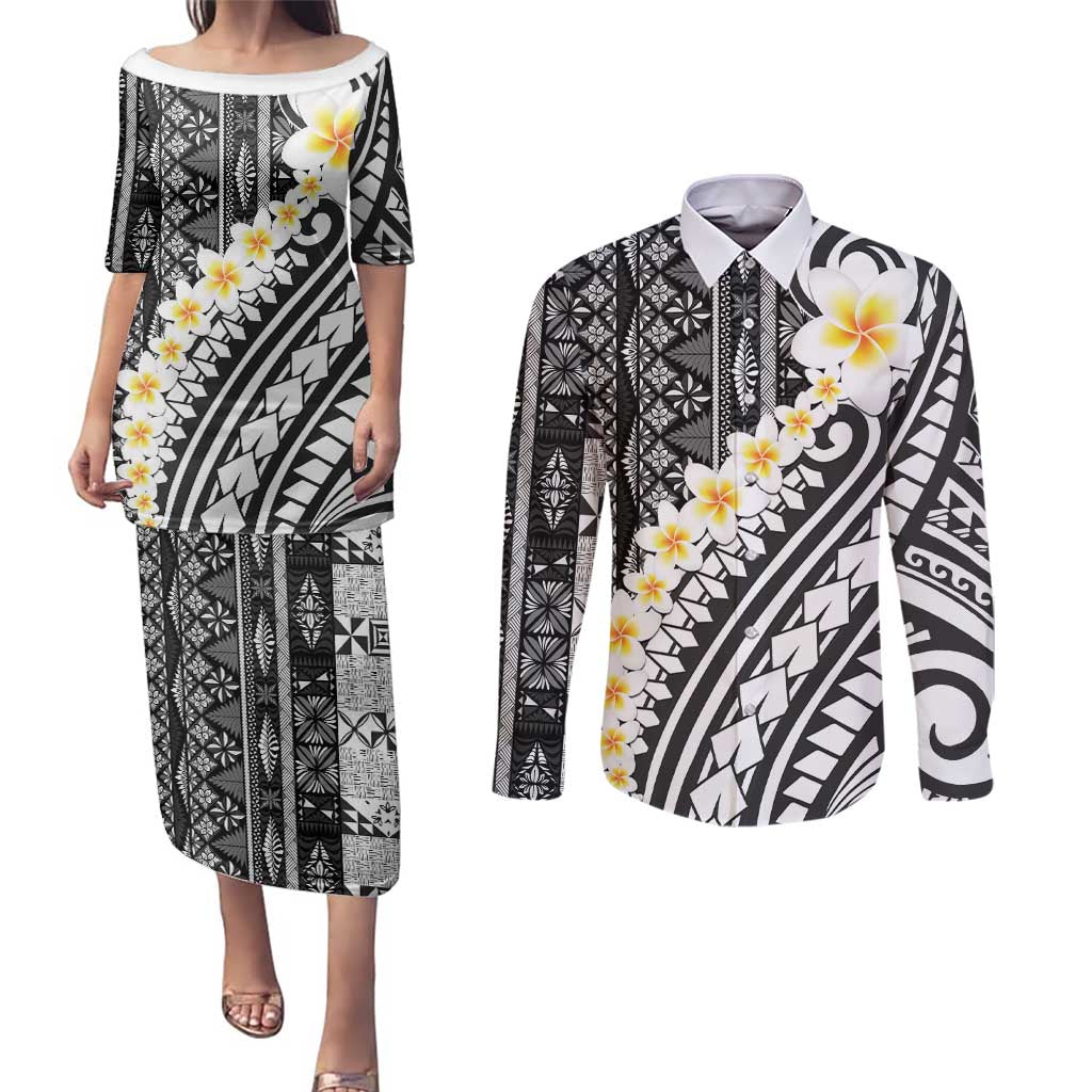Black Vintage Tonga Ngatu Pattern With Plumeria Couples Matching Puletasi and Long Sleeve Button Shirt LT05 Black - Polynesian Pride
