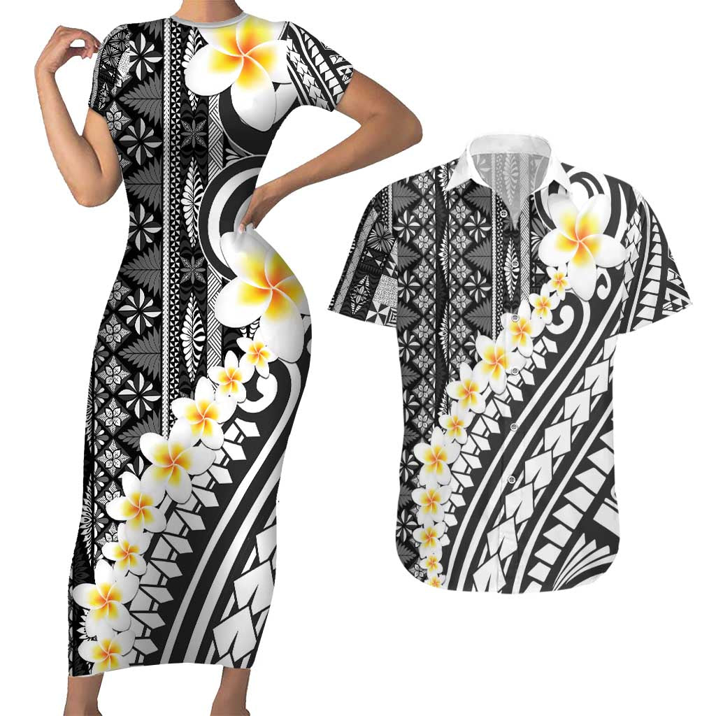 Black Vintage Tonga Ngatu Pattern With Plumeria Couples Matching Short Sleeve Bodycon Dress and Hawaiian Shirt LT05 Black - Polynesian Pride