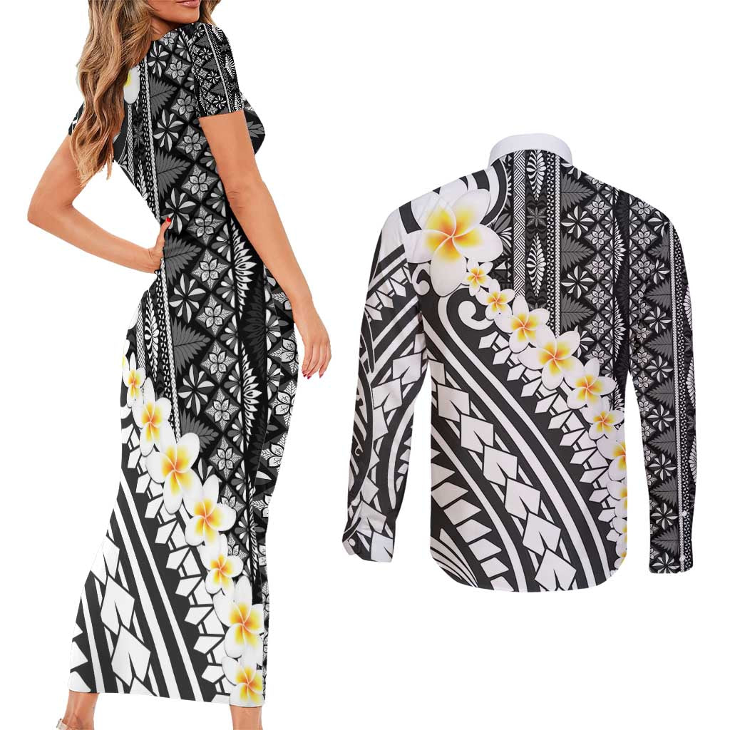 Black Vintage Tonga Ngatu Pattern With Plumeria Couples Matching Short Sleeve Bodycon Dress and Long Sleeve Button Shirt LT05 - Polynesian Pride
