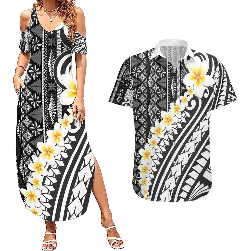 Black Vintage Tonga Ngatu Pattern With Plumeria Couples Matching Summer Maxi Dress and Hawaiian Shirt LT05 Black - Polynesian Pride