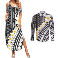 Black Vintage Tonga Ngatu Pattern With Plumeria Couples Matching Summer Maxi Dress and Long Sleeve Button Shirt LT05 Black - Polynesian Pride