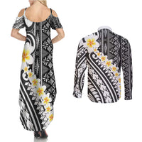 Black Vintage Tonga Ngatu Pattern With Plumeria Couples Matching Summer Maxi Dress and Long Sleeve Button Shirt LT05 - Polynesian Pride