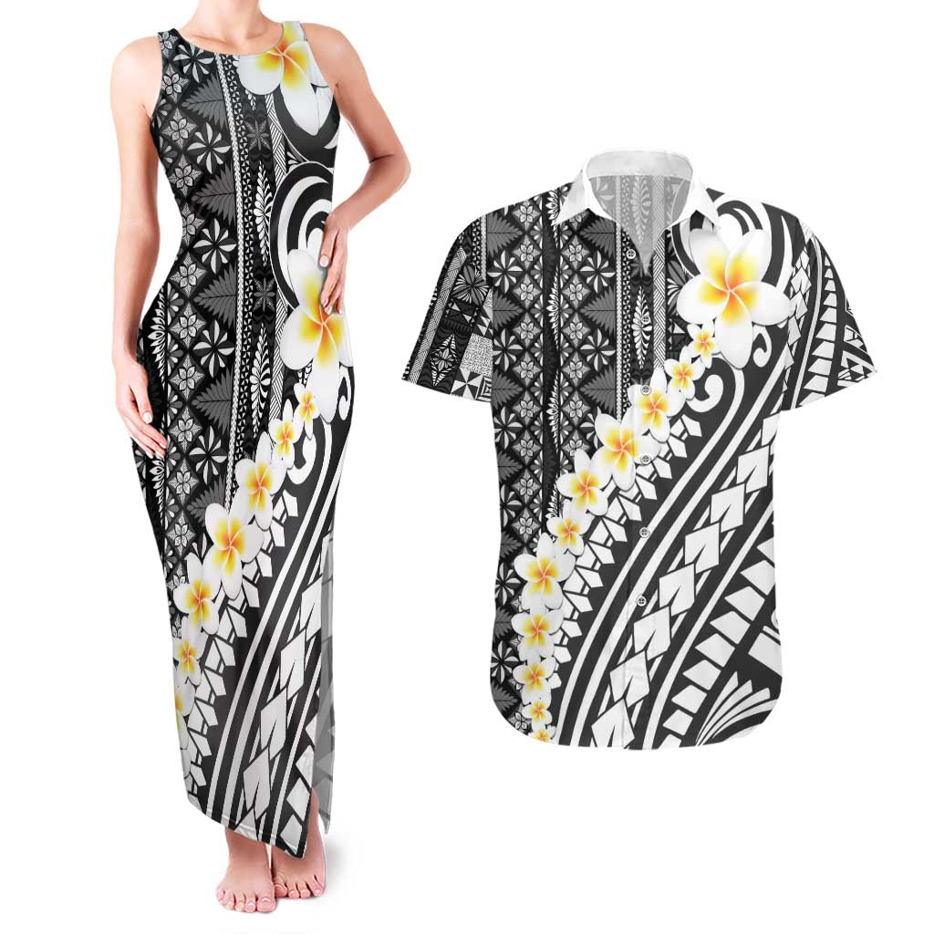 Black Vintage Tonga Ngatu Pattern With Plumeria Couples Matching Tank Maxi Dress and Hawaiian Shirt LT05 Black - Polynesian Pride