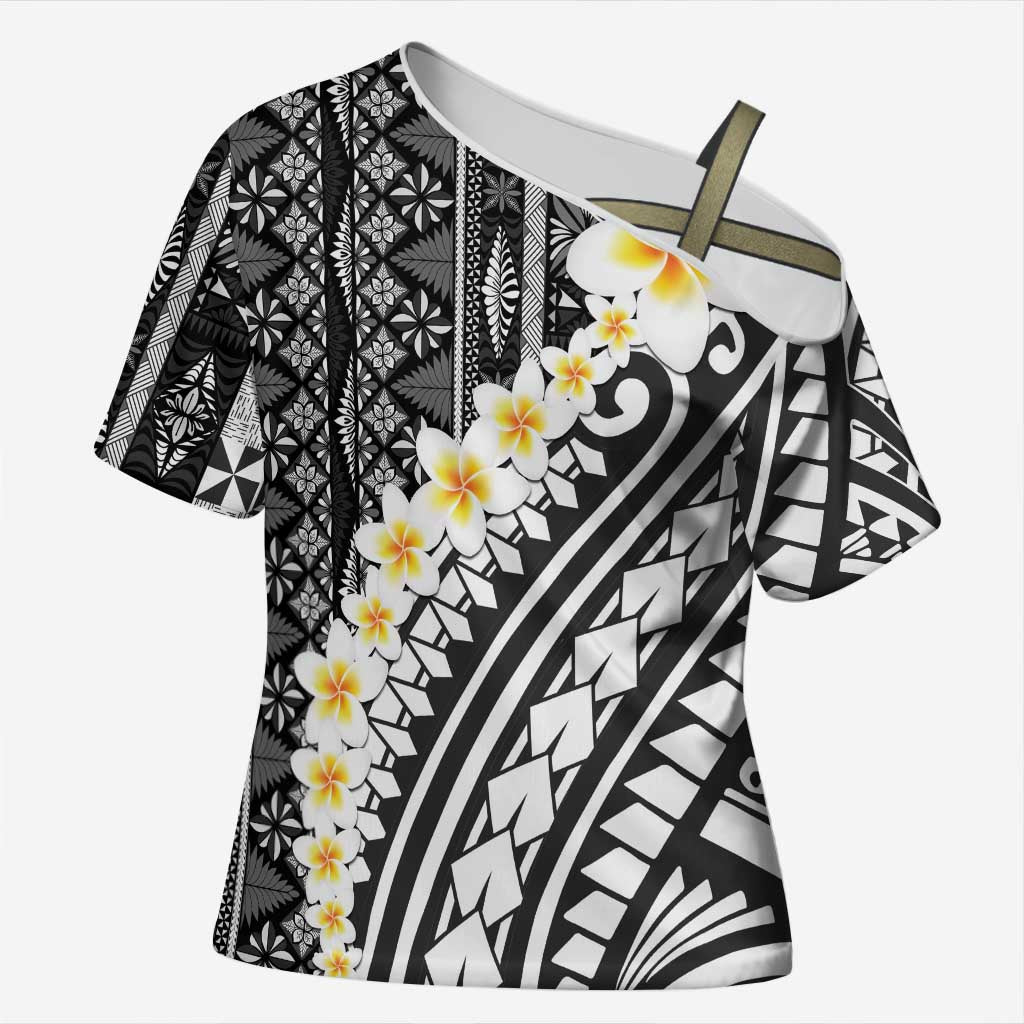 Black Vintage Tonga Ngatu Pattern With Plumeria Cross Shoulder Shirt LT05 Female Black - Polynesian Pride