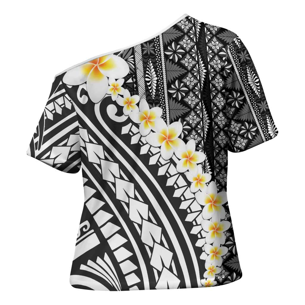 Black Vintage Tonga Ngatu Pattern With Plumeria Cross Shoulder Shirt LT05 - Polynesian Pride
