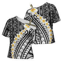 Black Vintage Tonga Ngatu Pattern With Plumeria Cross Shoulder Shirt LT05 - Polynesian Pride
