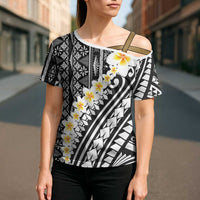 Black Vintage Tonga Ngatu Pattern With Plumeria Cross Shoulder Shirt LT05 - Polynesian Pride