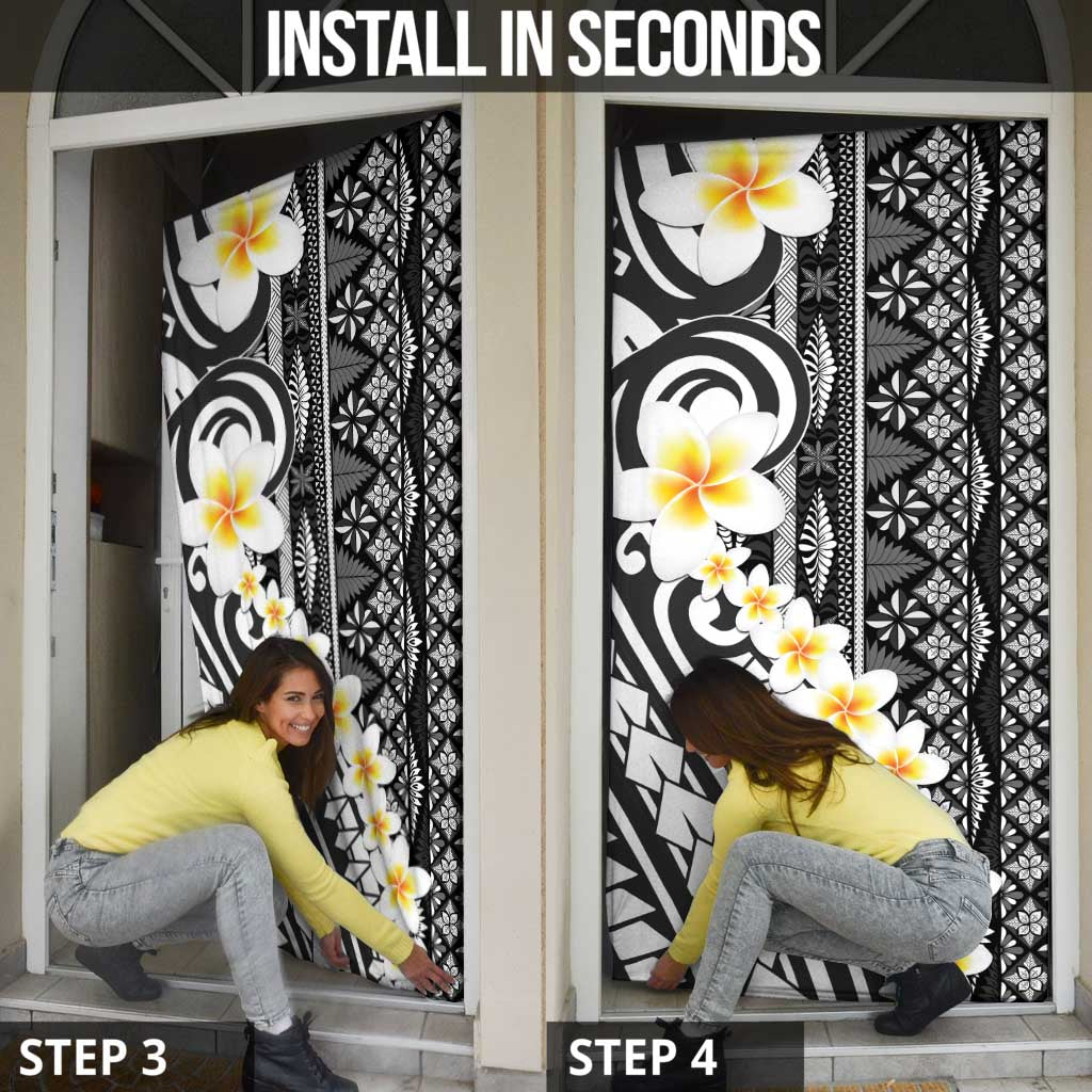 Black Vintage Tonga Ngatu Pattern With Plumeria Door Cover - Polynesian Pride
