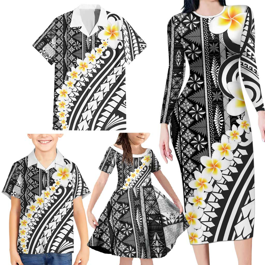 Black Vintage Tonga Ngatu Pattern With Plumeria Family Matching Long Sleeve Bodycon Dress and Hawaiian Shirt - Polynesian Pride