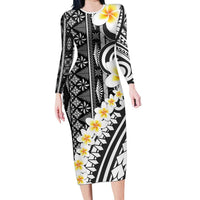 Black Vintage Tonga Ngatu Pattern With Plumeria Family Matching Long Sleeve Bodycon Dress and Hawaiian Shirt - Polynesian Pride
