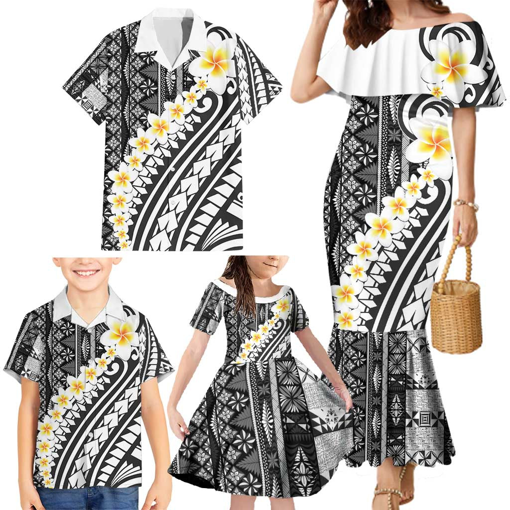 Black Vintage Tonga Ngatu Pattern With Plumeria Family Matching Mermaid Dress and Hawaiian Shirt LT05 - Polynesian Pride