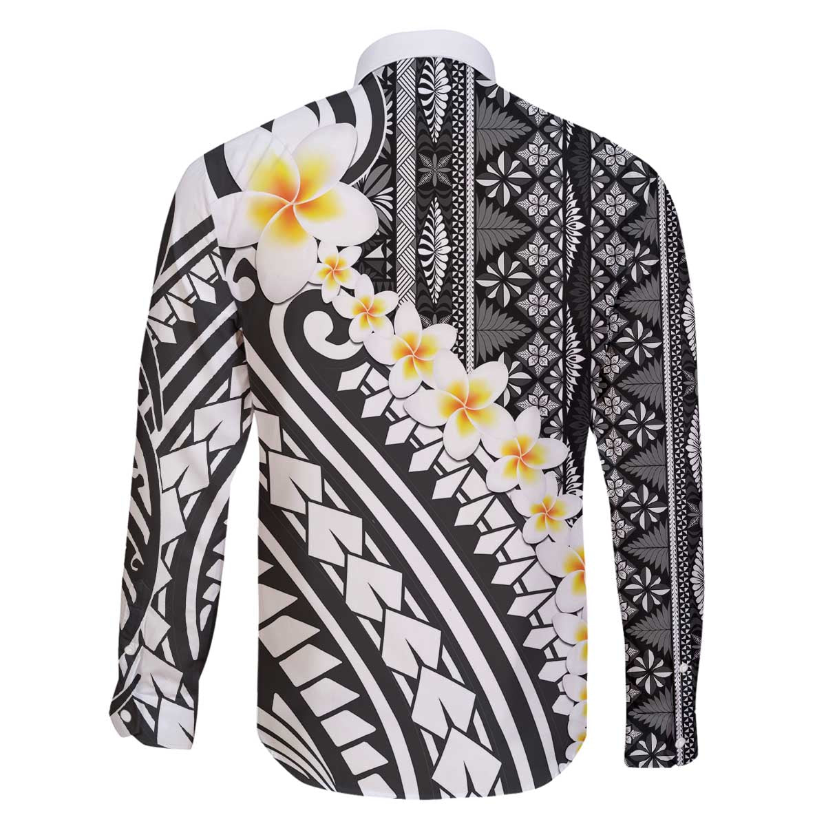 Black Vintage Tonga Ngatu Pattern With Plumeria Family Matching Off The Shoulder Long Sleeve Dress and Hawaiian Shirt - Polynesian Pride