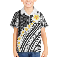 Black Vintage Tonga Ngatu Pattern With Plumeria Family Matching Off The Shoulder Long Sleeve Dress and Hawaiian Shirt - Polynesian Pride