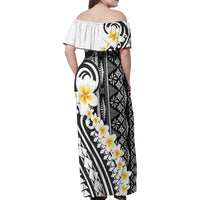 Black Vintage Tonga Ngatu Pattern With Plumeria Family Matching Off Shoulder Maxi Dress and Hawaiian Shirt - Polynesian Pride