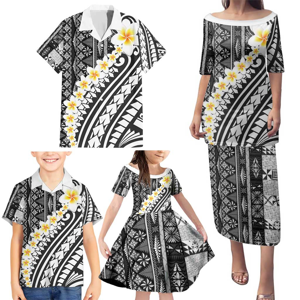Black Vintage Tonga Ngatu Pattern With Plumeria Family Matching Puletasi and Hawaiian Shirt LT05 - Polynesian Pride