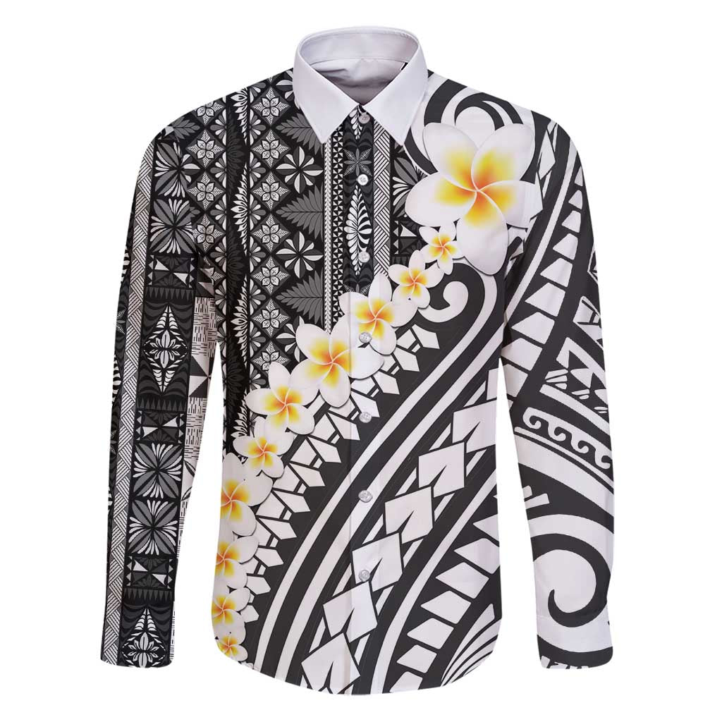 Black Vintage Tonga Ngatu Pattern With Plumeria Family Matching Puletasi and Hawaiian Shirt - Polynesian Pride