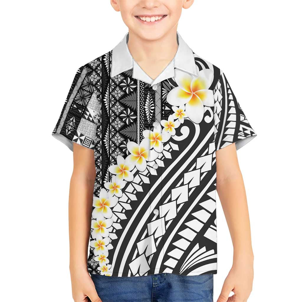 Black Vintage Tonga Ngatu Pattern With Plumeria Family Matching Puletasi and Hawaiian Shirt - Polynesian Pride