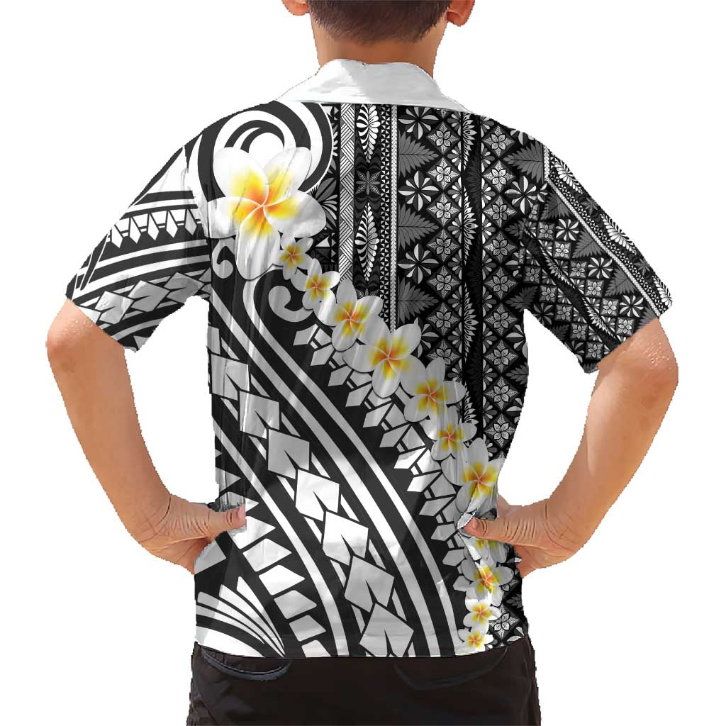 Black Vintage Tonga Ngatu Pattern With Plumeria Family Matching Short Sleeve Bodycon Dress and Hawaiian Shirt - Polynesian Pride