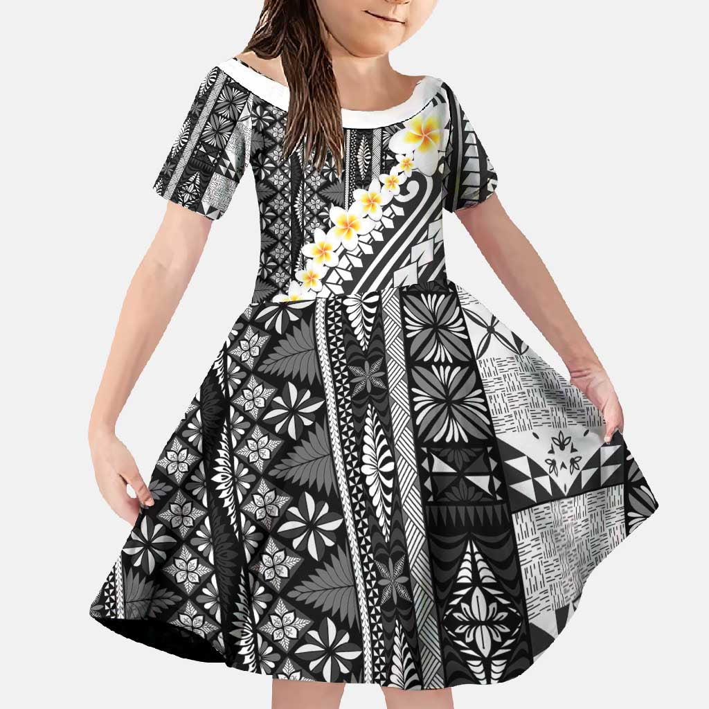 Black Vintage Tonga Ngatu Pattern With Plumeria Family Matching Short Sleeve Bodycon Dress and Hawaiian Shirt - Polynesian Pride