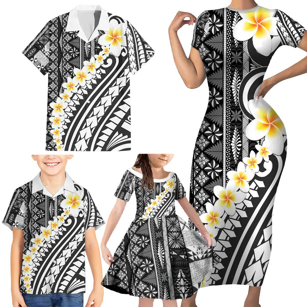 Black Vintage Tonga Ngatu Pattern With Plumeria Family Matching Short Sleeve Bodycon Dress and Hawaiian Shirt - Polynesian Pride