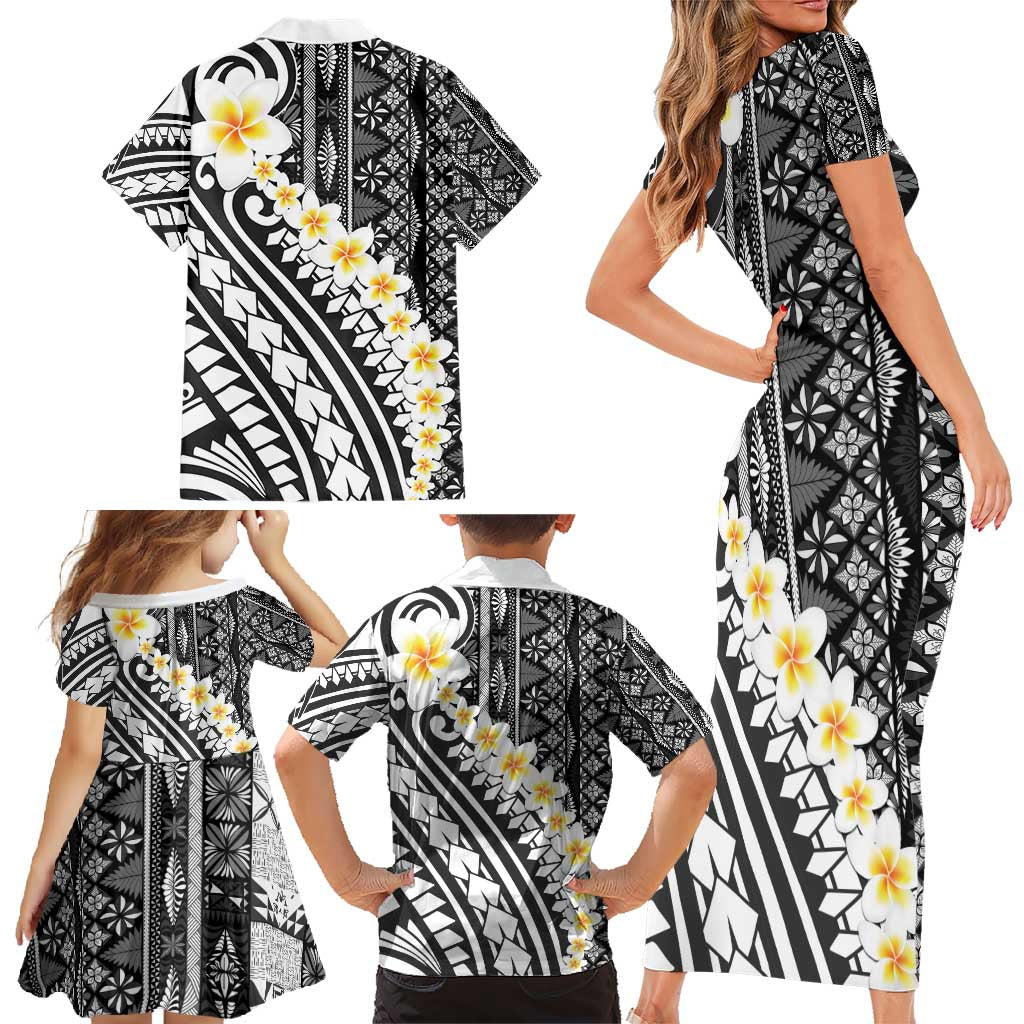Black Vintage Tonga Ngatu Pattern With Plumeria Family Matching Short Sleeve Bodycon Dress and Hawaiian Shirt - Polynesian Pride