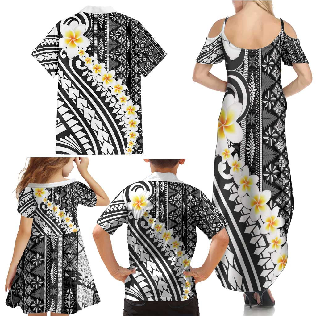 Black Vintage Tonga Ngatu Pattern With Plumeria Family Matching Summer Maxi Dress and Hawaiian Shirt - Polynesian Pride
