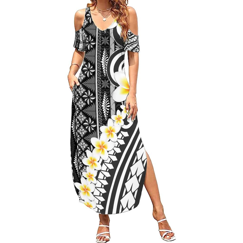 Black Vintage Tonga Ngatu Pattern With Plumeria Family Matching Summer Maxi Dress and Hawaiian Shirt - Polynesian Pride