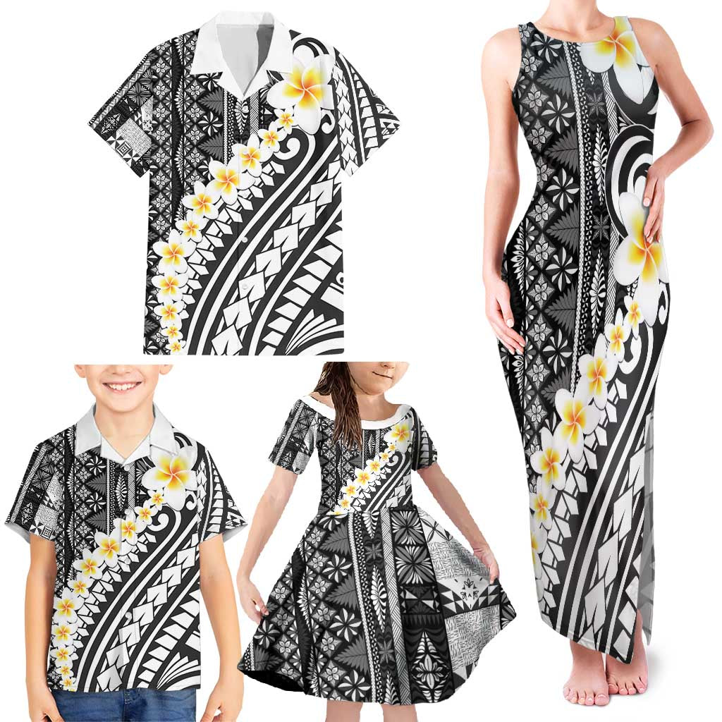 Black Vintage Tonga Ngatu Pattern With Plumeria Family Matching Tank Maxi Dress and Hawaiian Shirt - Polynesian Pride