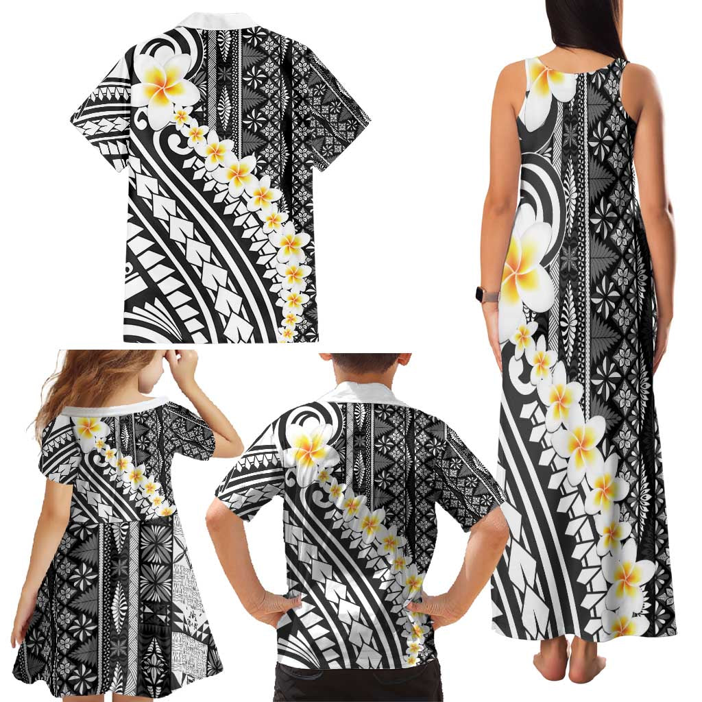 Black Vintage Tonga Ngatu Pattern With Plumeria Family Matching Tank Maxi Dress and Hawaiian Shirt - Polynesian Pride