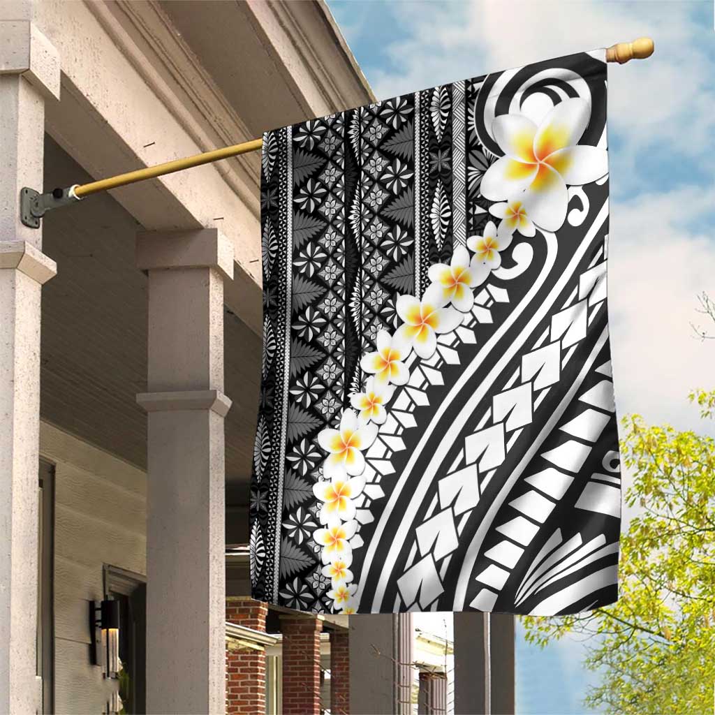 Black Vintage Tonga Ngatu Pattern With Plumeria Garden Flag - Polynesian Pride
