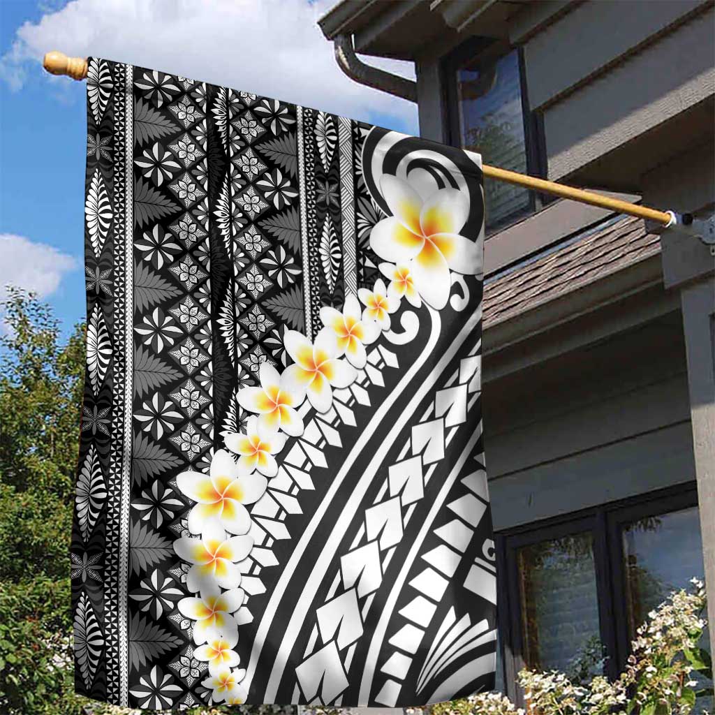 Black Vintage Tonga Ngatu Pattern With Plumeria Garden Flag - Polynesian Pride