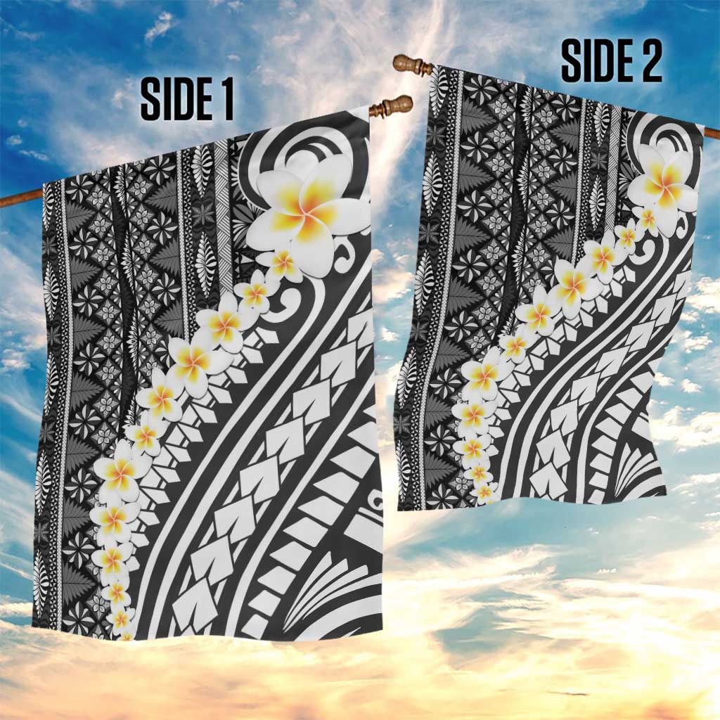 Black Vintage Tonga Ngatu Pattern With Plumeria Garden Flag - Polynesian Pride