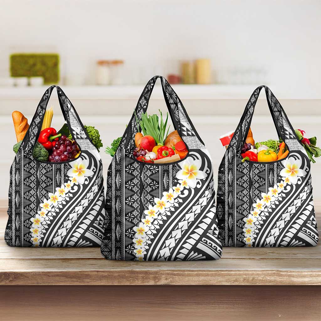 Black Vintage Tonga Ngatu Pattern With Plumeria Grocery Bag - Polynesian Pride