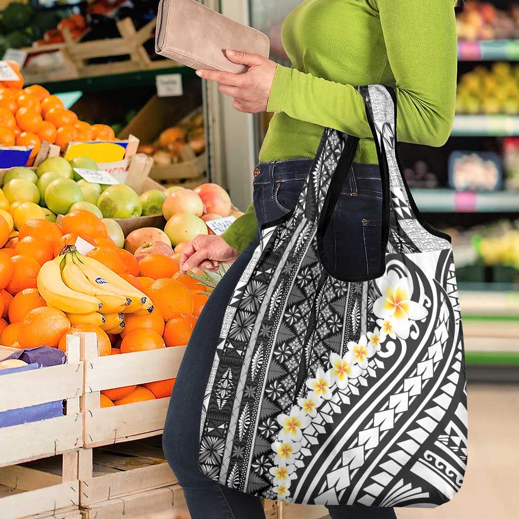 Black Vintage Tonga Ngatu Pattern With Plumeria Grocery Bag - Polynesian Pride