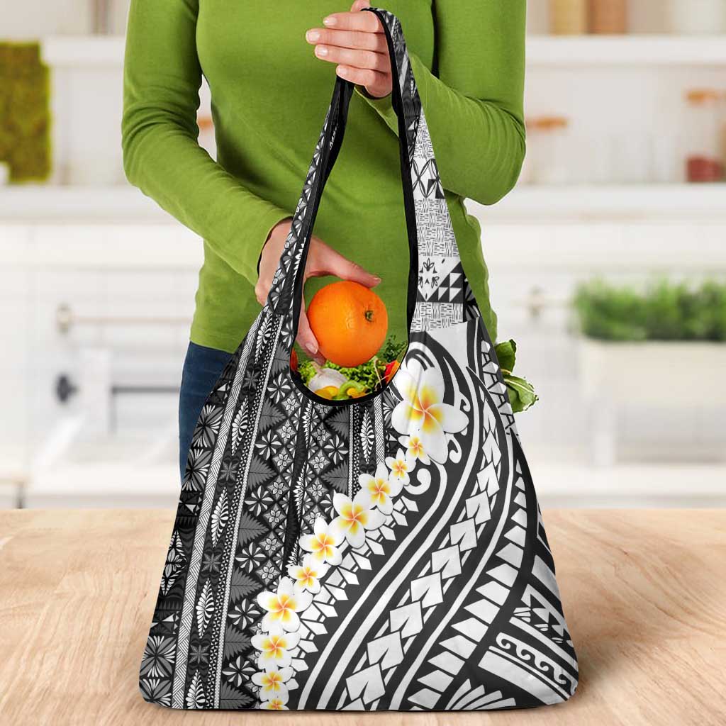 Black Vintage Tonga Ngatu Pattern With Plumeria Grocery Bag - Polynesian Pride
